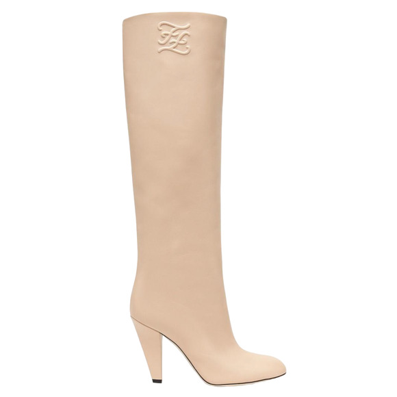 Fendi Karligraphy FF Logo Motif Poudre Beige Nude Leather Knee High Heel Boot 40 - Picture 1 of 12